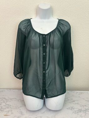 H&M Women's Sheer Button Down Long Sleeve Blouse Size 6 Emerald Green Peasant